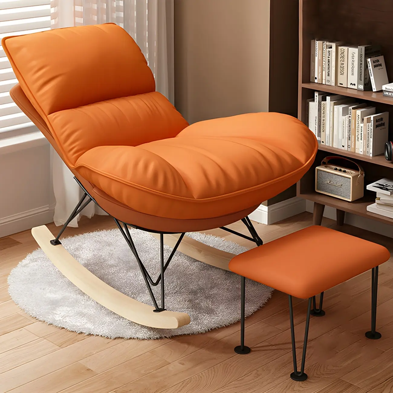 Natural Wood Upholstered Rocking Chair with Ottoman in White