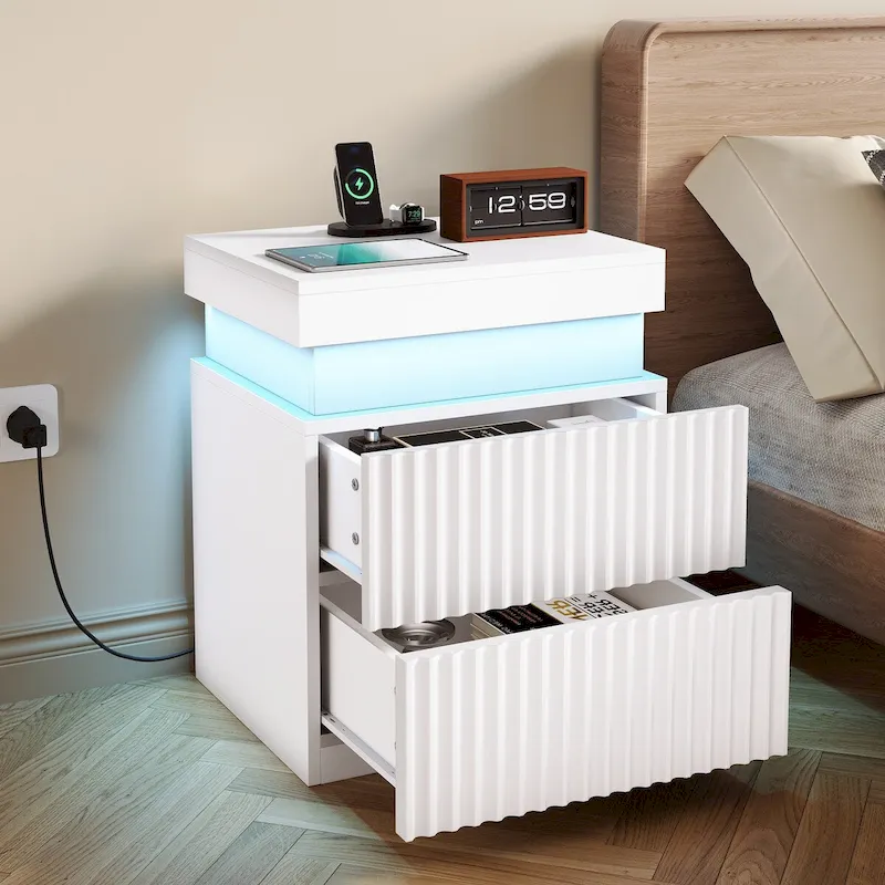 JASIWAY LED Night Stand Bedside Table with Charging Station- Set of 2