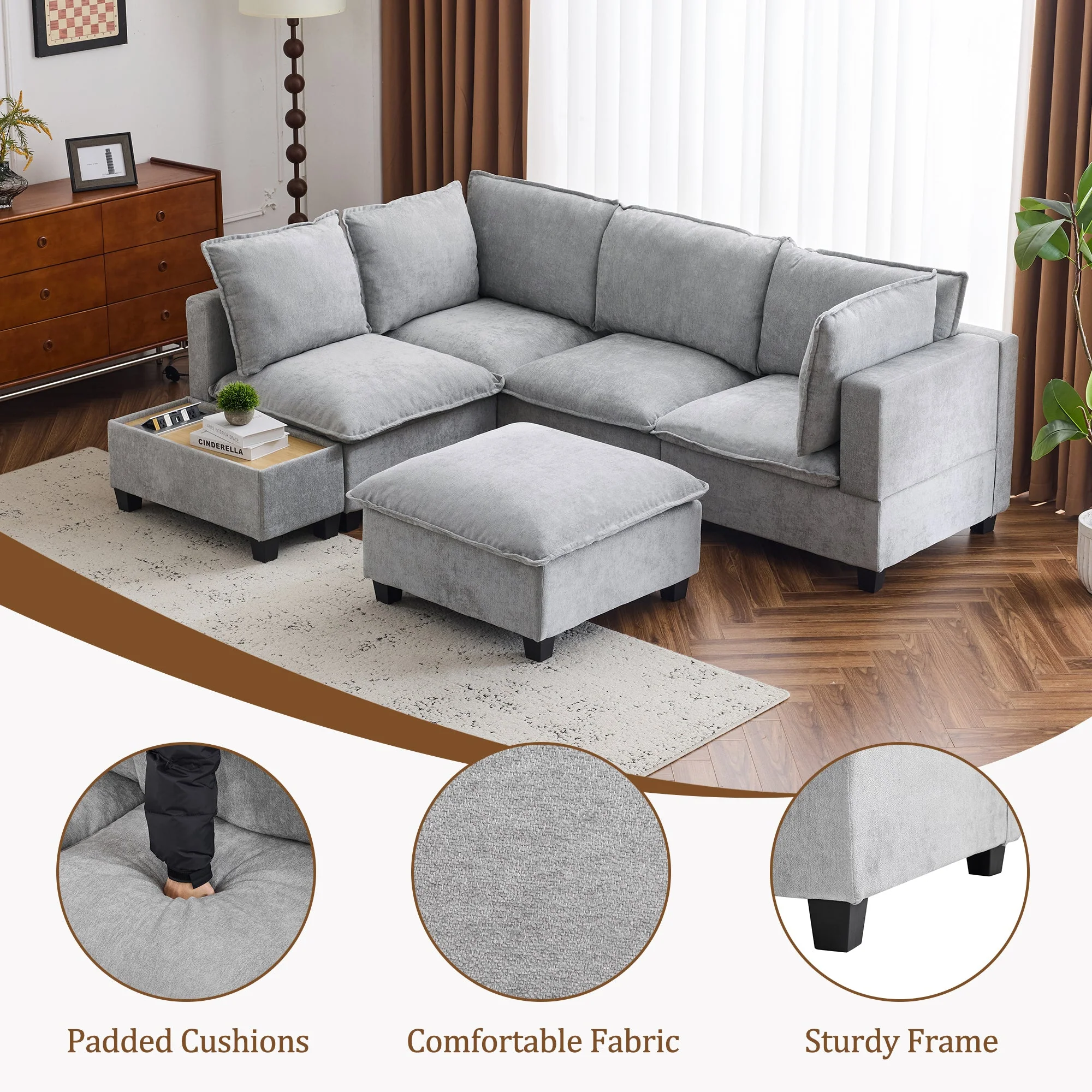 Walker Edison | Cloud Chenille Modular Sectional Sofa with Coffee Table