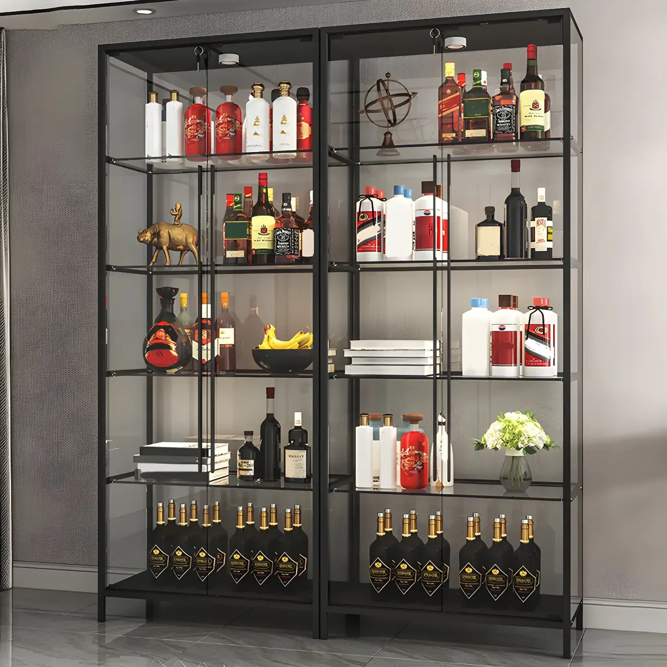 Modern Gold Glass Shelf Display Standard Curio Cabinet