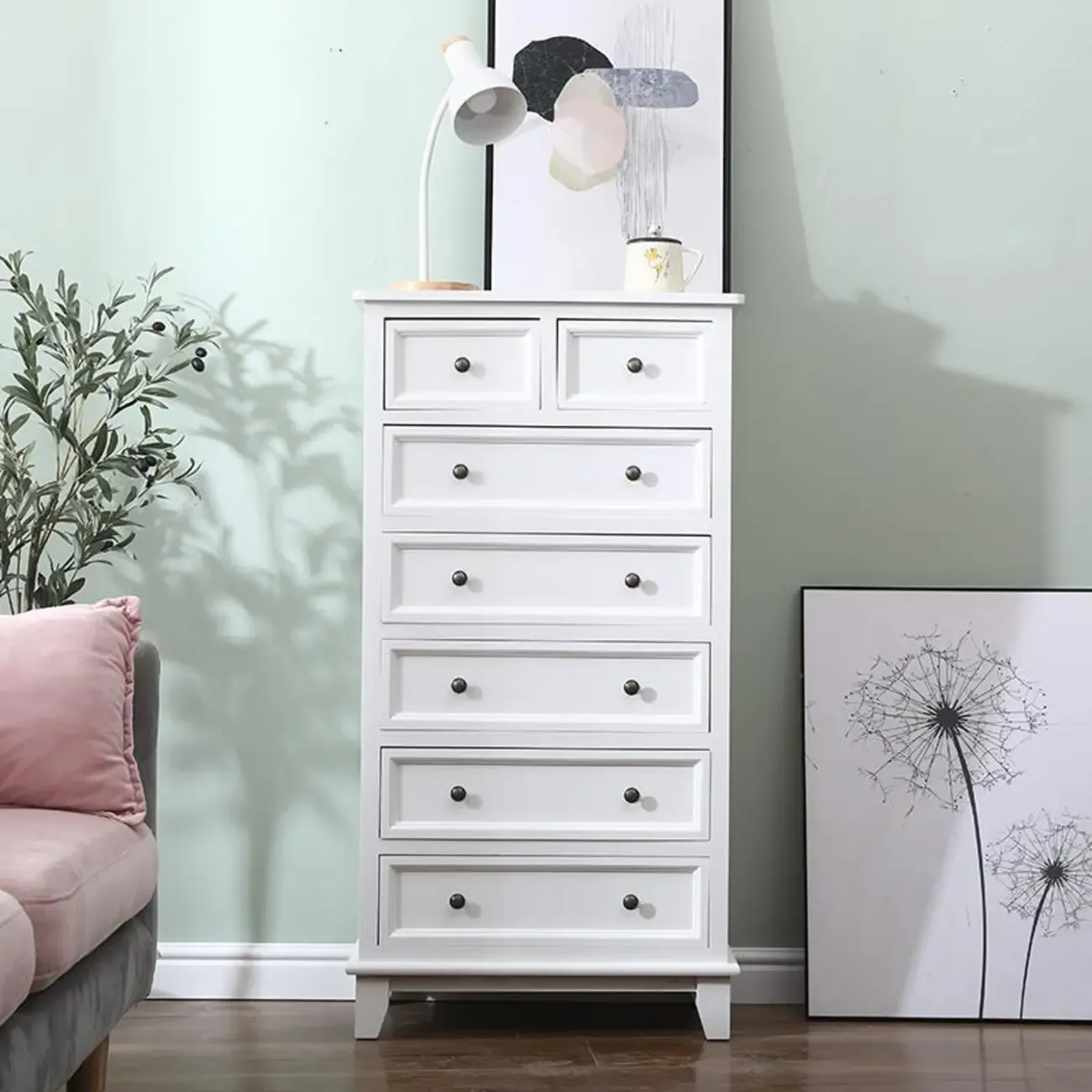 Elegant Wooden 7-Drawer White Dresser with Metal Handle
