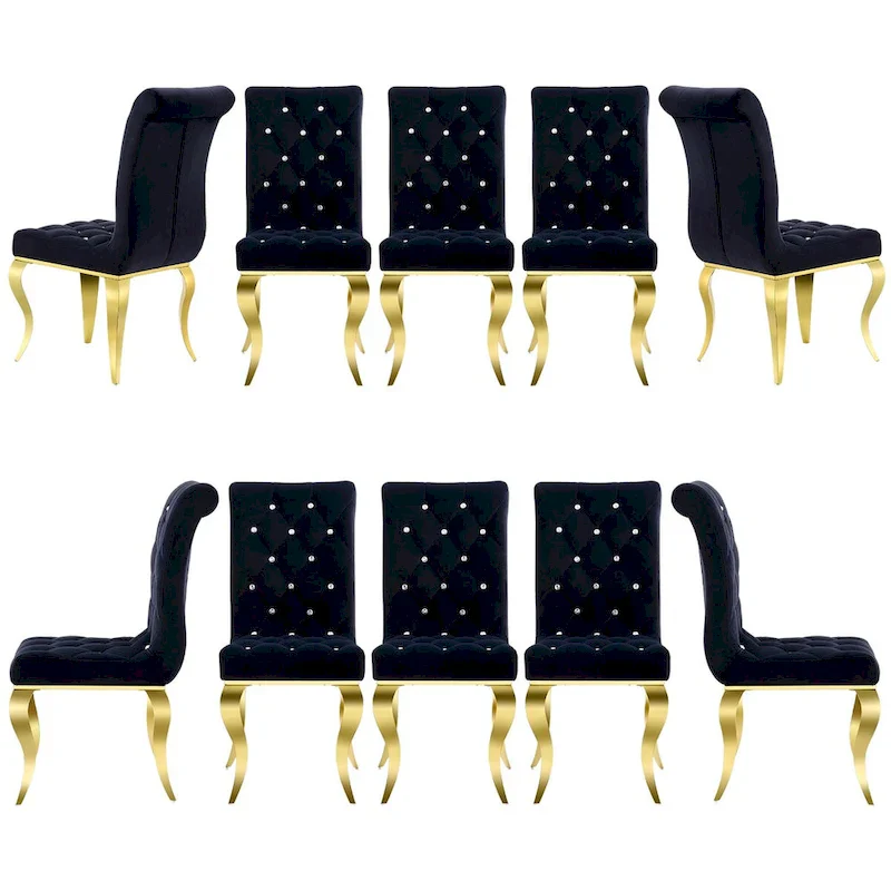 Luxury Black Velvet Upholstered Dining Chairs with Polished Gold Legs