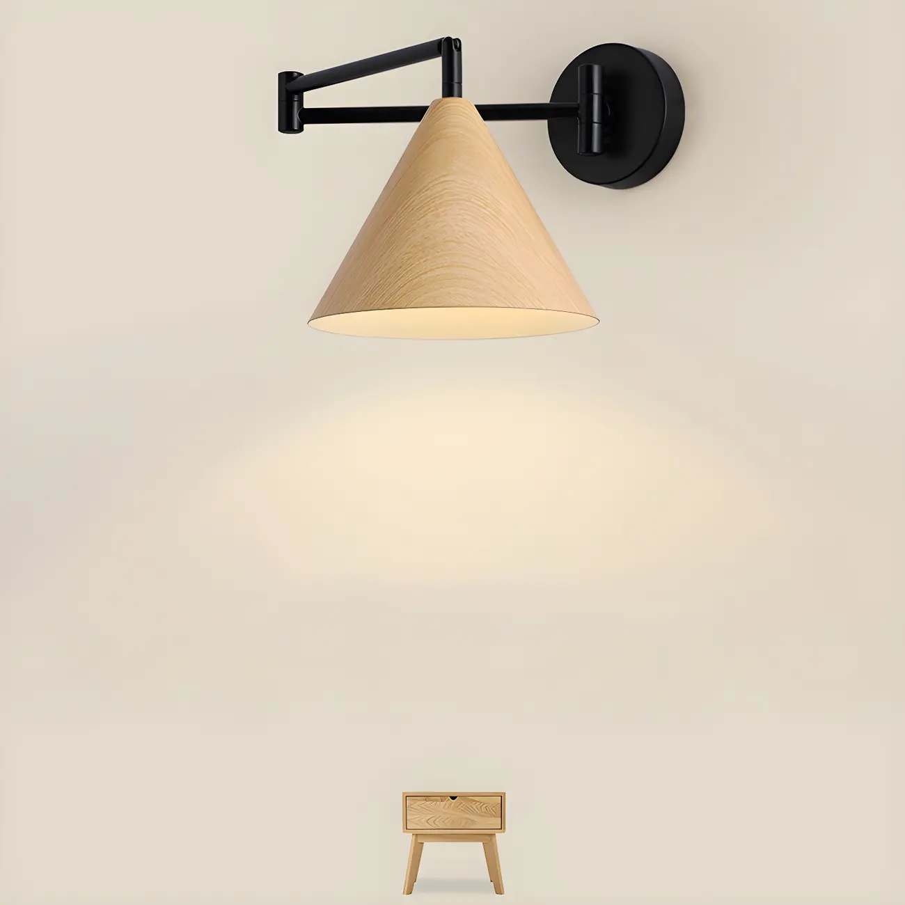 Black Metal Swing Arm Wall Light with Wood Shade