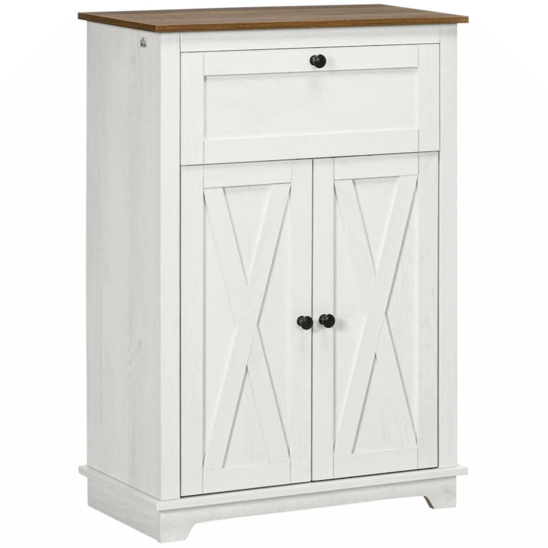 Farmhouse Barn Door Accent Cabinet, Kitchen Sideboard Storage Cabinet with Double Doors, Drawer,White