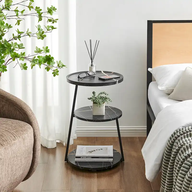 Skylar Round 3-Tier Side Accent Table with Raised Lip Edge Tabletop and Midcentury Modern Metal Asymmetric Pedestal Legs