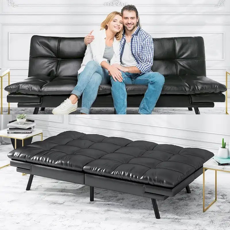 Futon Sofa Bed, Modern Convertible Sleeper Couch with Adjustable Armrests for Studio, Office, Apartment, Compact Living Room