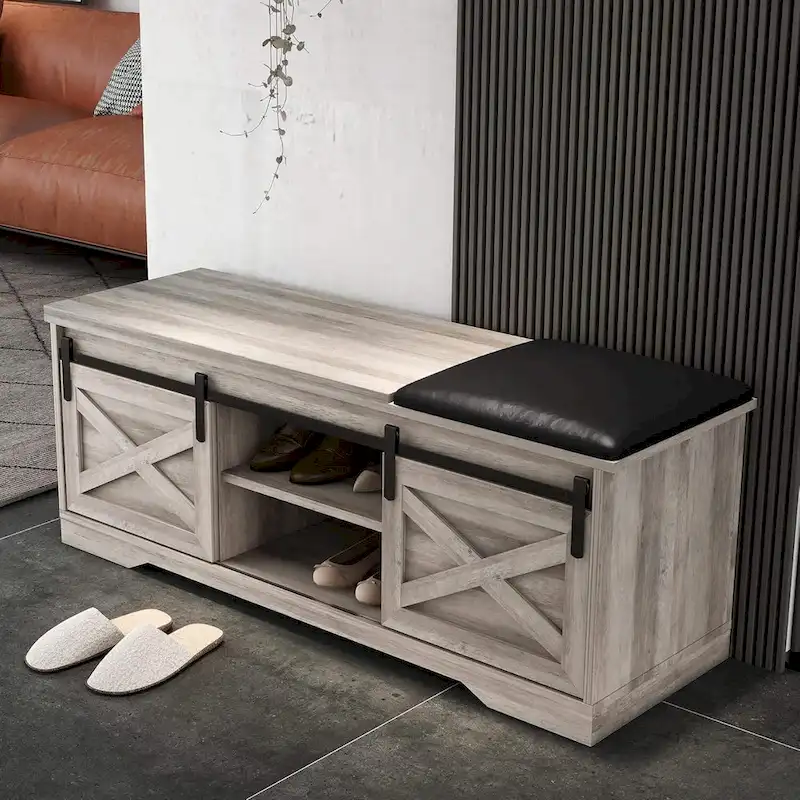 White Shoe Bench Entryway with Storage, Modern Shoe Bench with Sliding X Barn Door - 47.24'x 15.35'x 17.72'