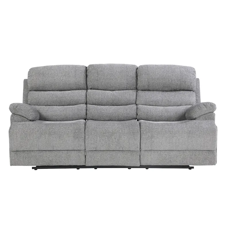 Leena 84 Inch Manual Double Recliner Sofa, Gray Chenille, Solid Wood