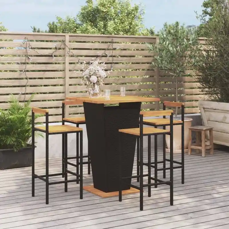 vidaXL 3 Piece Patio Bar Set Black Poly Rattan&Solid Wood Acacia - 15.7 x 17.3 x 39.4