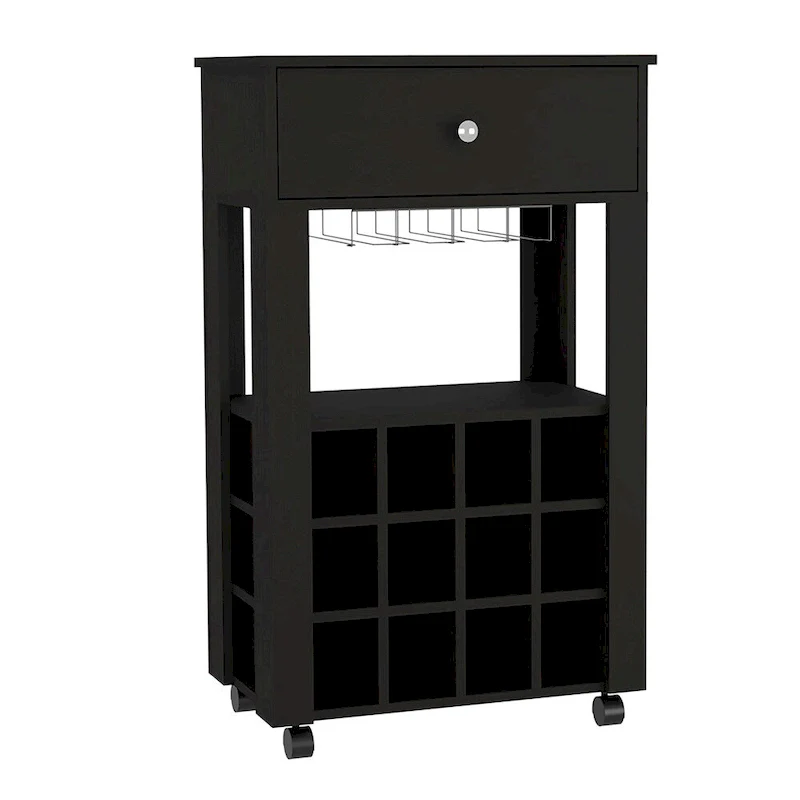 Bar Cart , Twelve Wine Cubbies, Four Legs, Black Wengue Finish