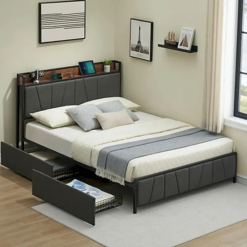 Upholstered Platform Bed Frame with Storage Headboard and Charging Station