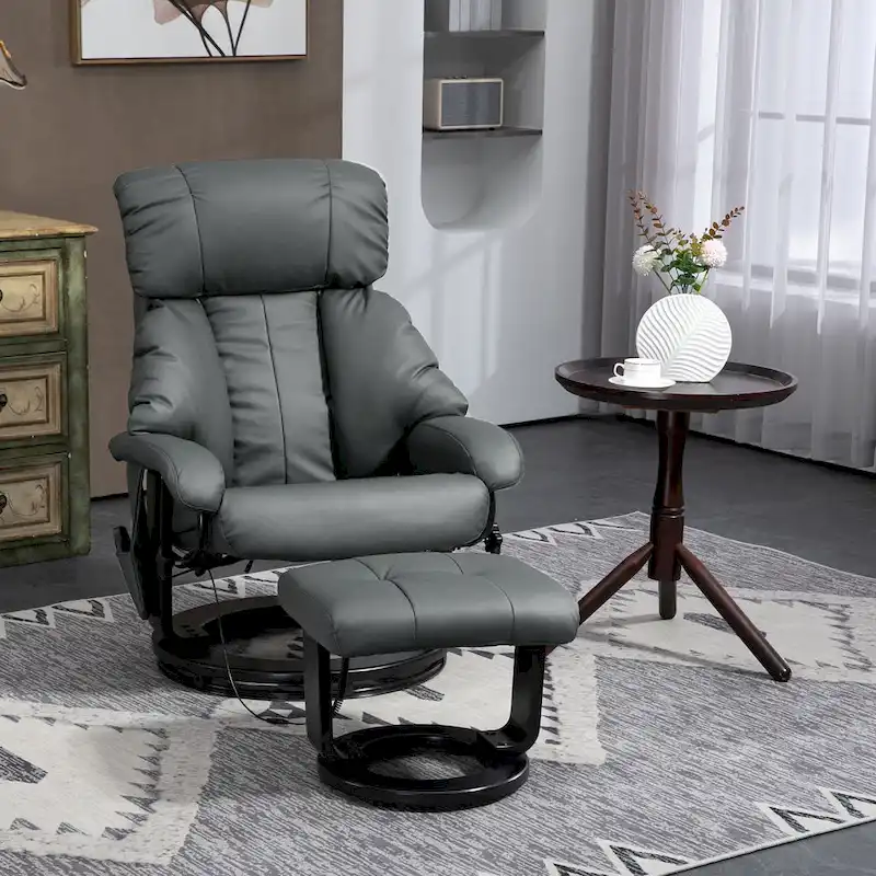 HOMCOM Massage Recliner Chair with Ottoman, 360 Swivel Recliner and Footstool, PU Leather Reclining Chair, Gray