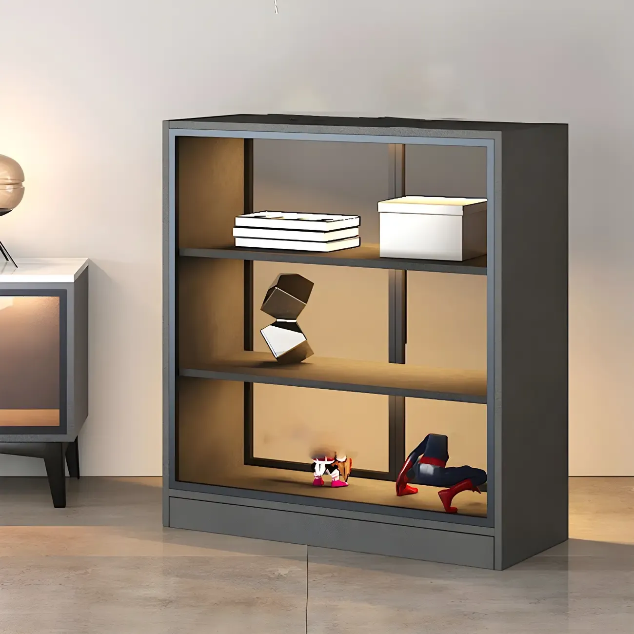 Square 2-Shelf Black Wooden Display Cabinet with Light