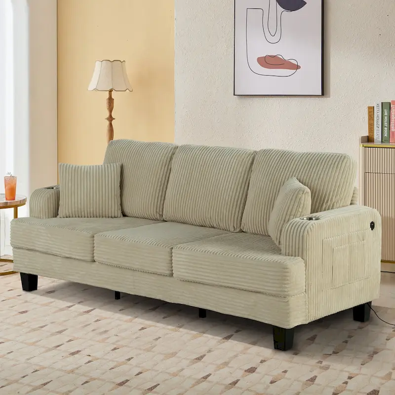 85 Modern Corduroy Rectangle 3-seater Sofa with USB and 2 Pillows