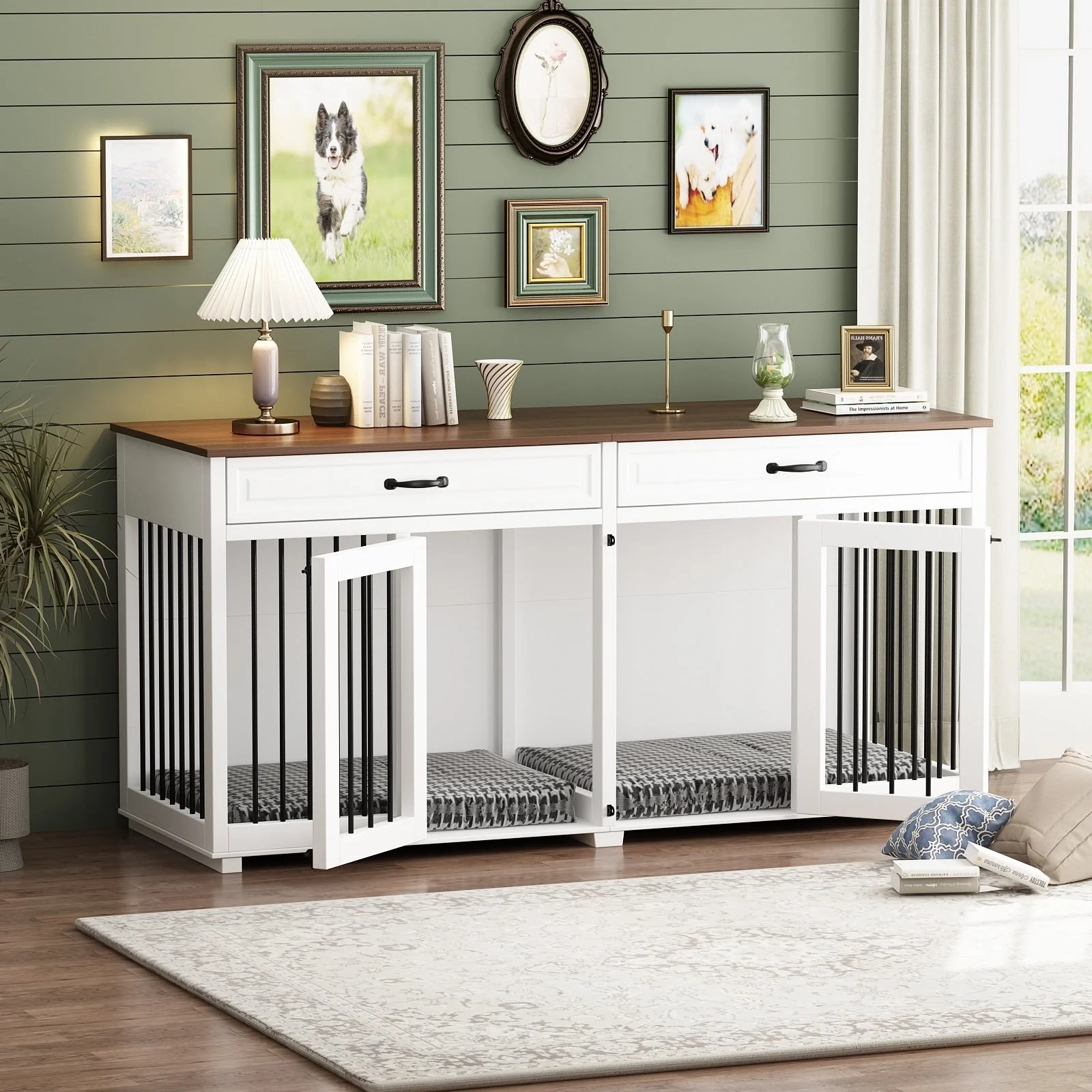 Wooden Double Dog Crate Kennel Furniture with 2 Drawers & Divider