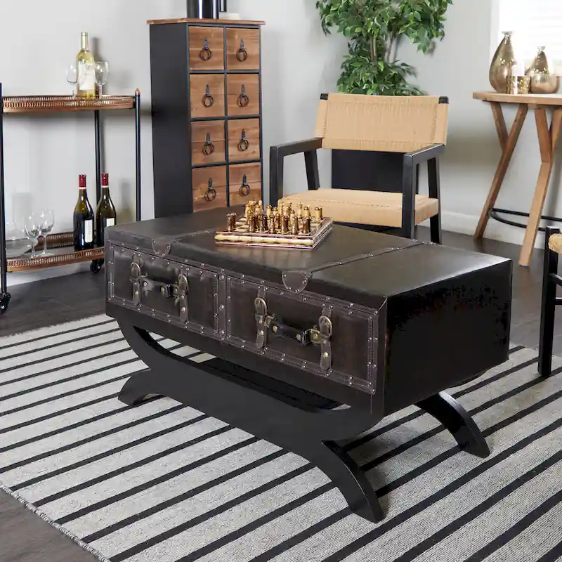Faux Leather Vintage Faux Leather 2 Drawer Coffee Table with Curved Style Leg Stand - Dark Brown - Roche River Decor