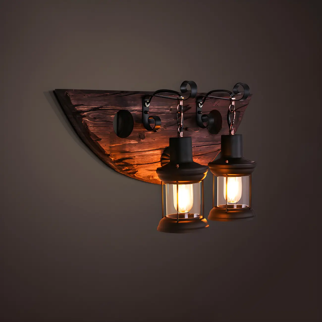 Industrial Distressed Wood Glass Black Wall Lantern Light
