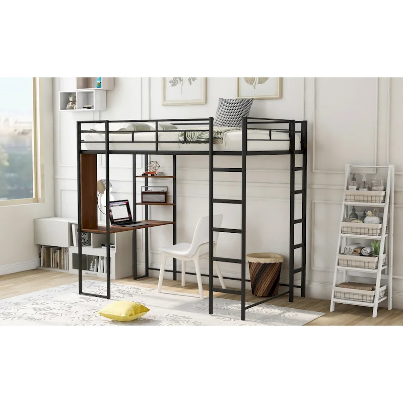 Twin Metal Loft Bed with Ladder, Fence & Desk