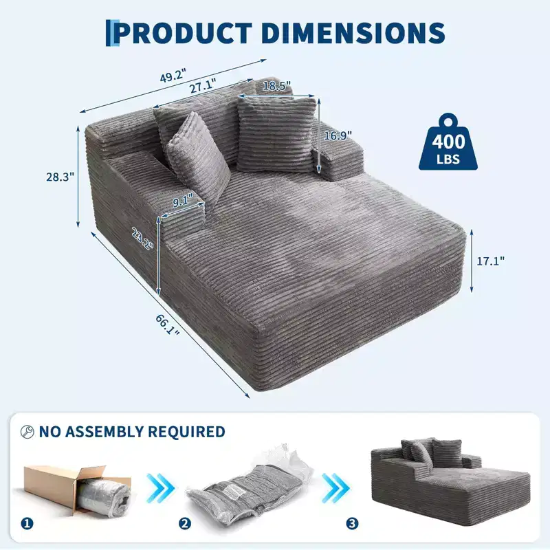 49 Oversized Chaise Lounge Chair, Upholstered Sleeper Sofa Bed with 3 Pillows, Boneless Sleep Single Sofa Couch for Living Room Bedroom, Grey