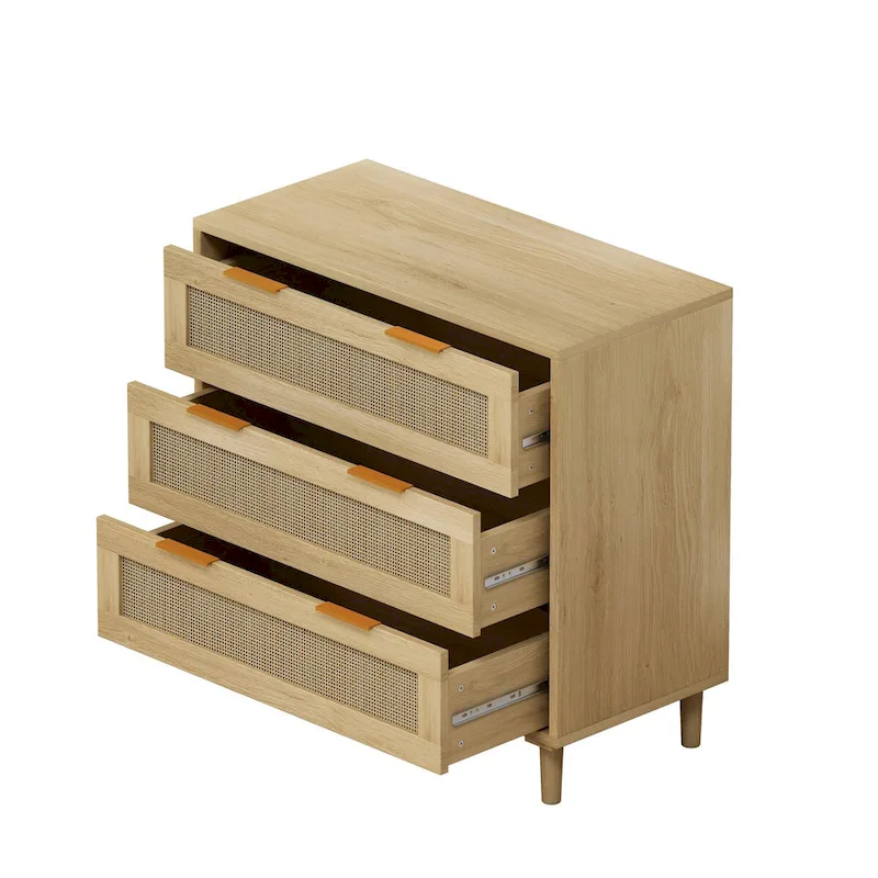 Oak 3-drawers Rattan Storage Cabinet - 31.5 L x 15.55 W x 30.12 H