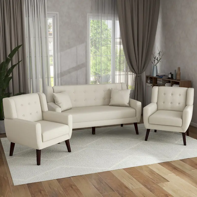 Modern Curved 63 Button Tufted Upholstered Loveseat with 2 Accent Chairs