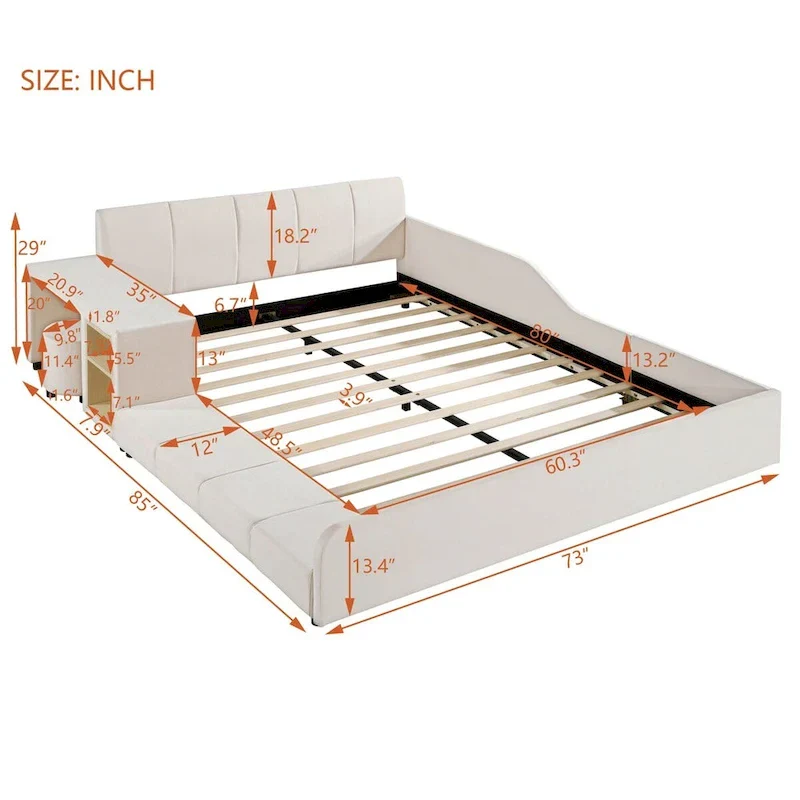 Upholstered Grounded Bed Mother & Child Bed with Bedside Desk and Little Round Stool