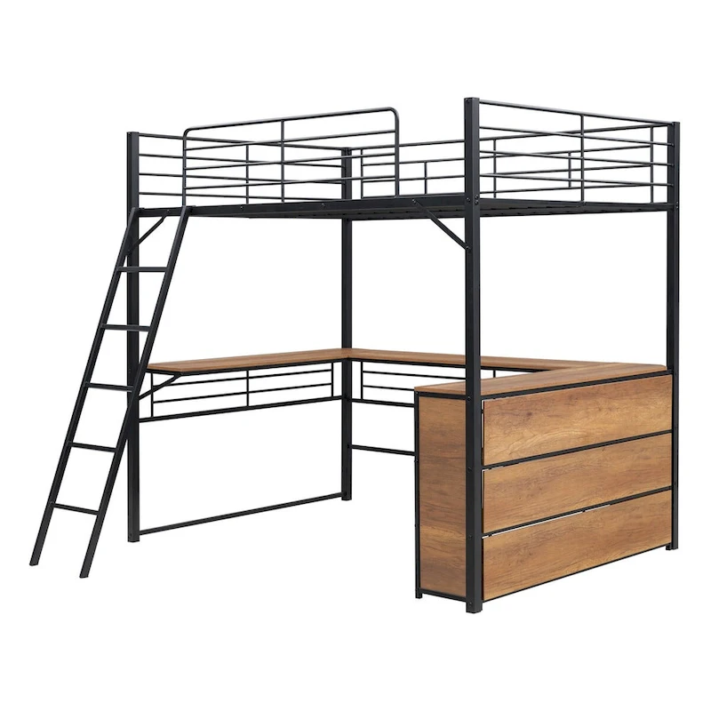 Metal Loft Bed with L-shaped Desk and 3 Layers of Shelves, Reversible Ladder