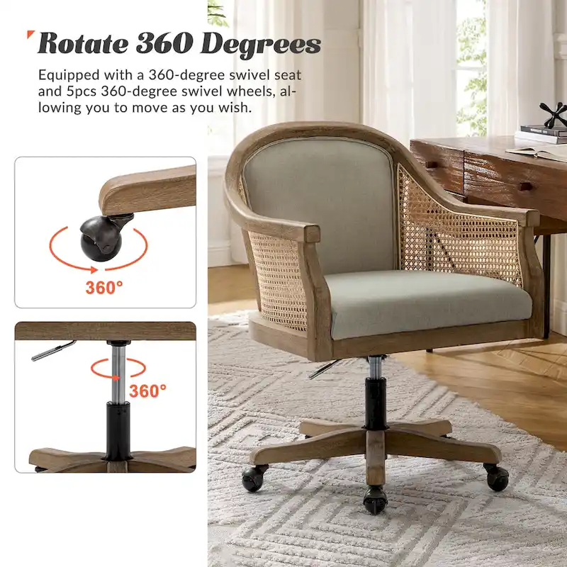 Farmhouse-Style Rattan Office Chair — 360° Swivel, Adjustable Height, Rubberwood Construction