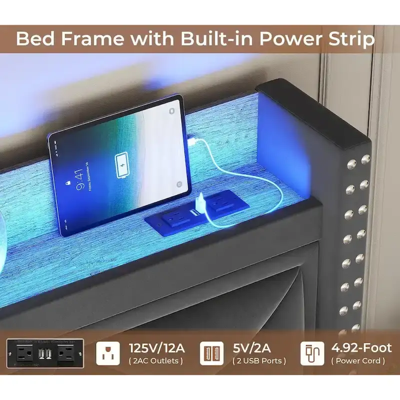 LED Bed Frame with 51.2  Tall Headboard Charging Station