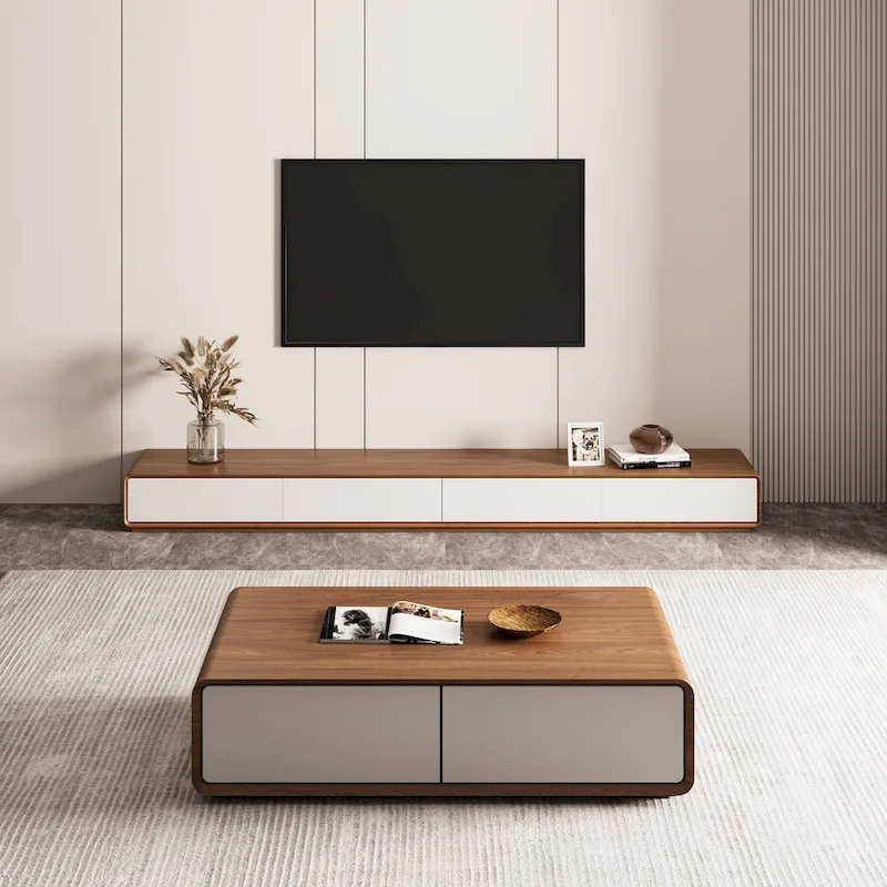 Modern Rectangular TV Stand with 4 Drawers, Wood Veneer Media Console, Walnut White, Soild Wooden, Fully-Assembled