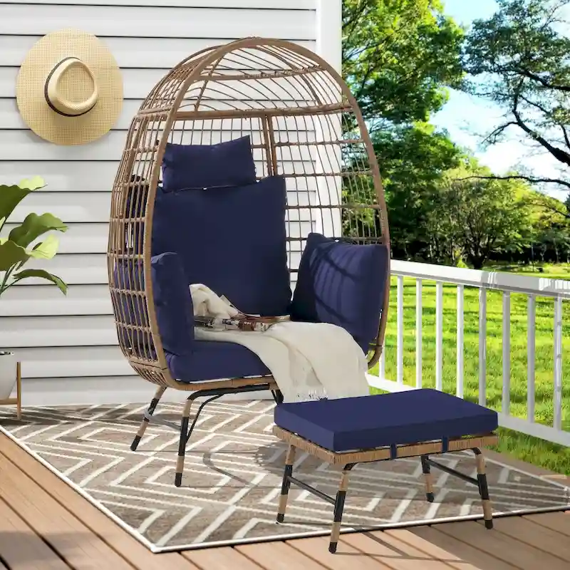 Wicker Rattan Egg Chair with Ottoman and Cushions for Porch, Backyard, Balcony