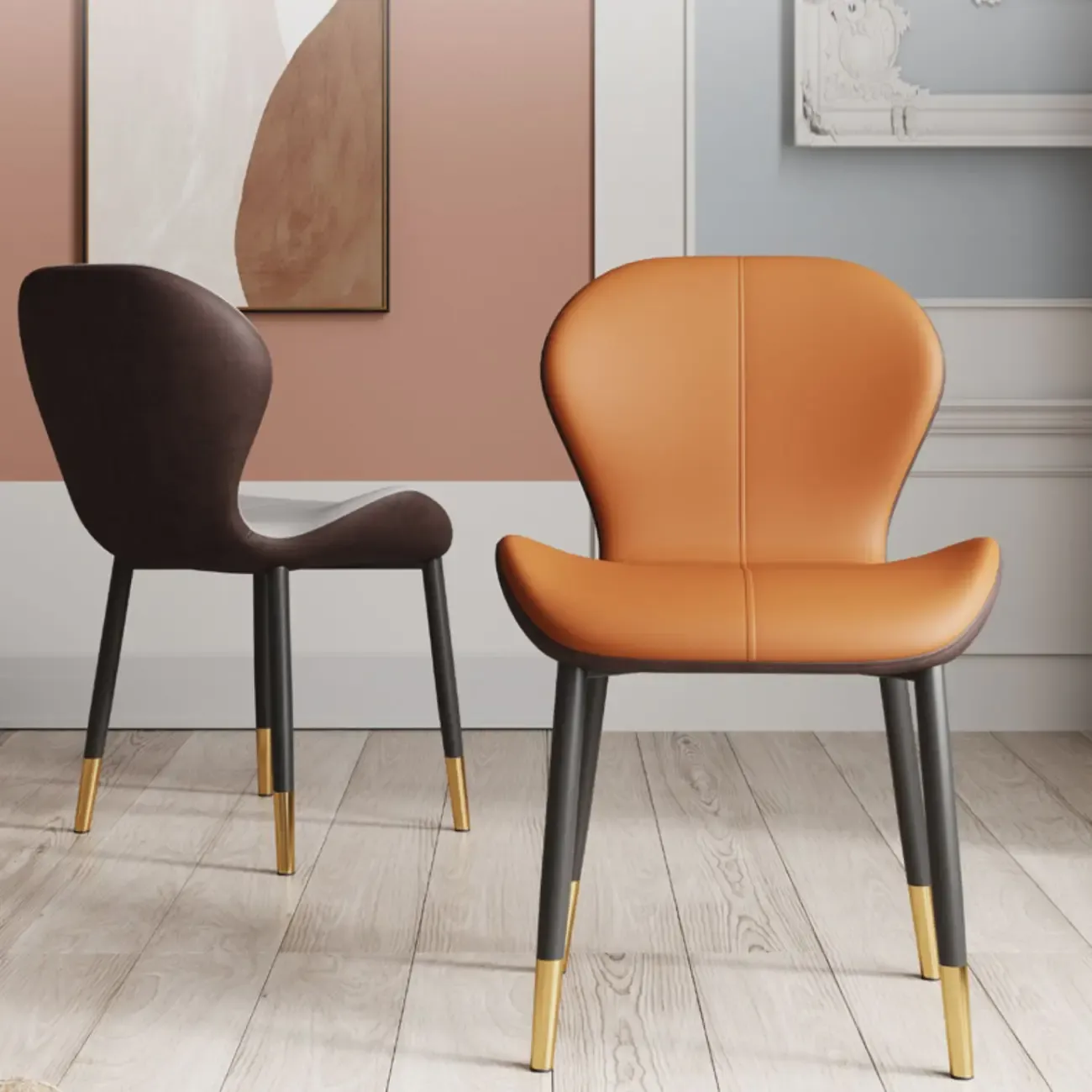 Art Deco Curved Back Leather Dining Chair Solid Back