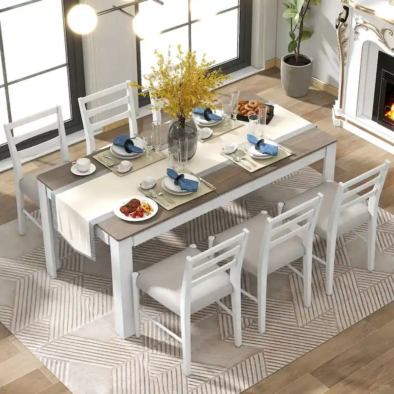 7-Piece Wooden Extendable Dining Table Set with 12 Leaf and 2 Drawers, 6 Chairs