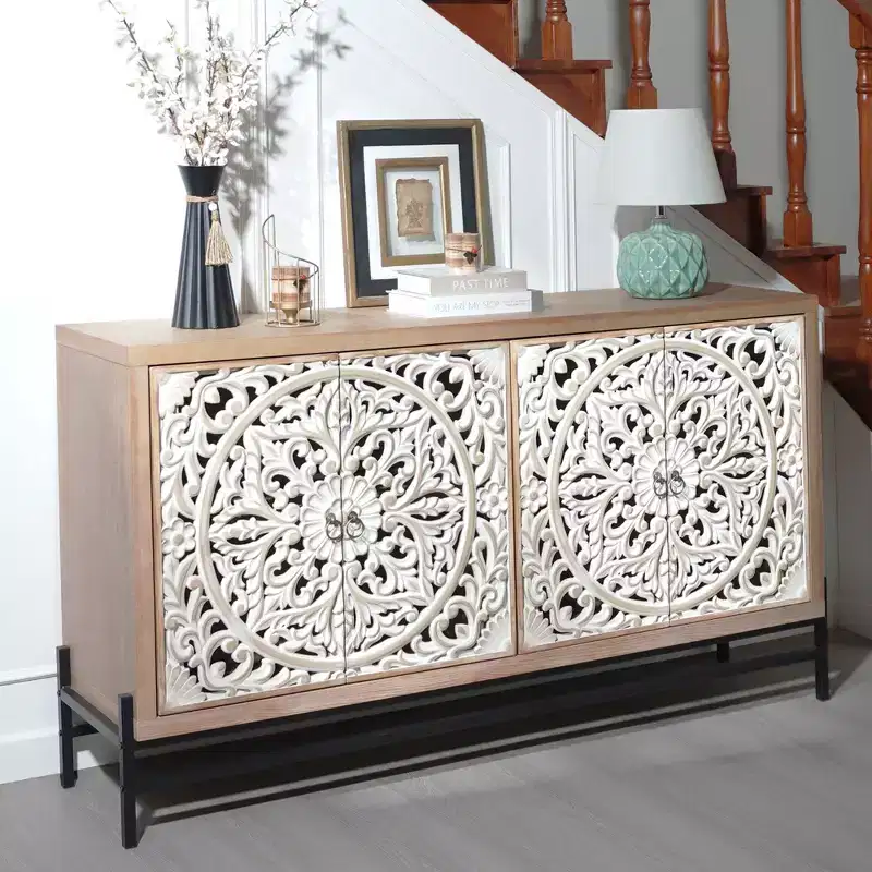 GDFStudio Eni Vintage 59'' Storage Cabinet with 4 Carved Wood Doors and 2 Shelves