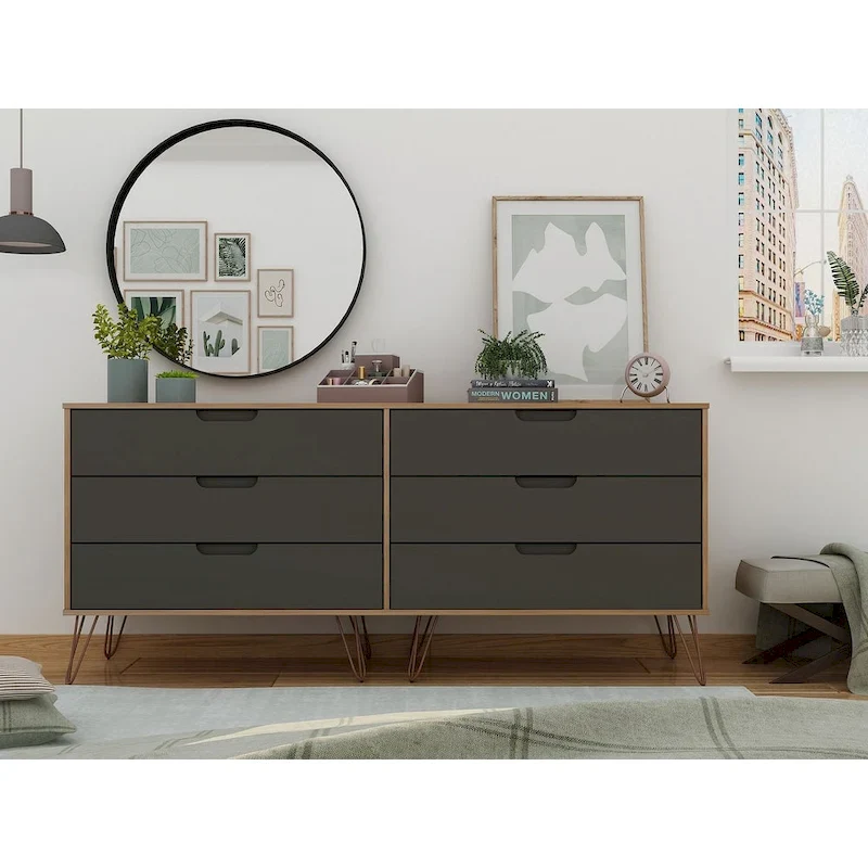 6-Drawer Double Low Dresser with Metal Legs