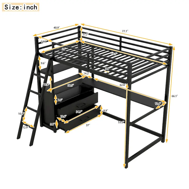 Loft Bed with Desk and Shelves