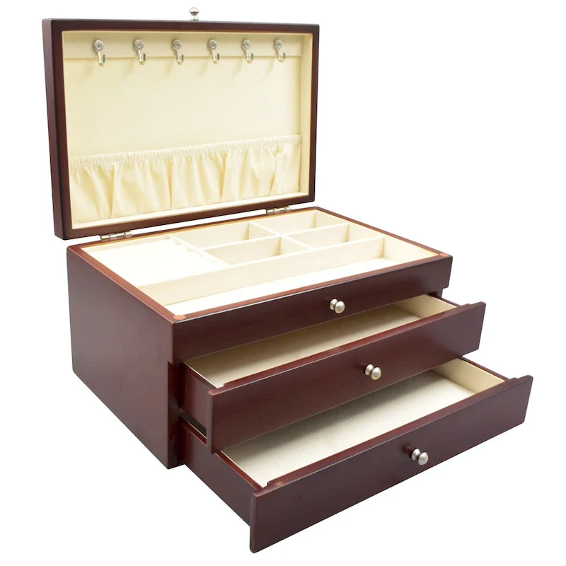 Wood Jewelry Box with Lift Top & 4 Drawers, Walnut, 5 Compartments, Ring Holder, 6 Hooks