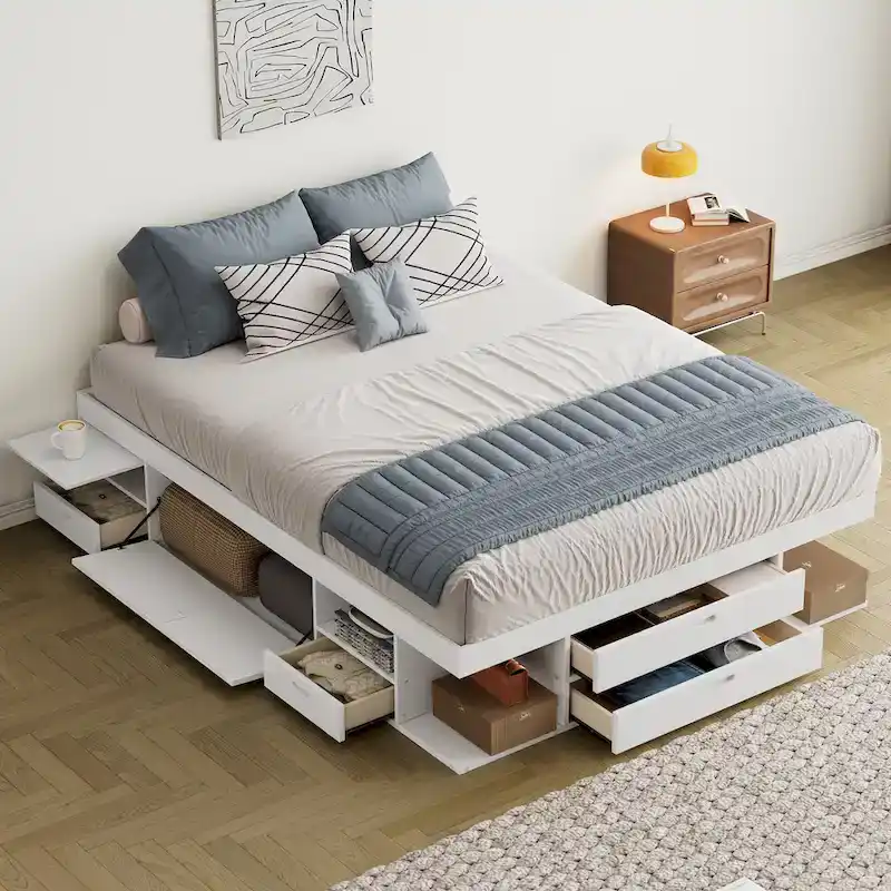 Roomfitters Queen Size Platform Bed, Storage Drawers, Open Shelves, No Box Spring Needed, White