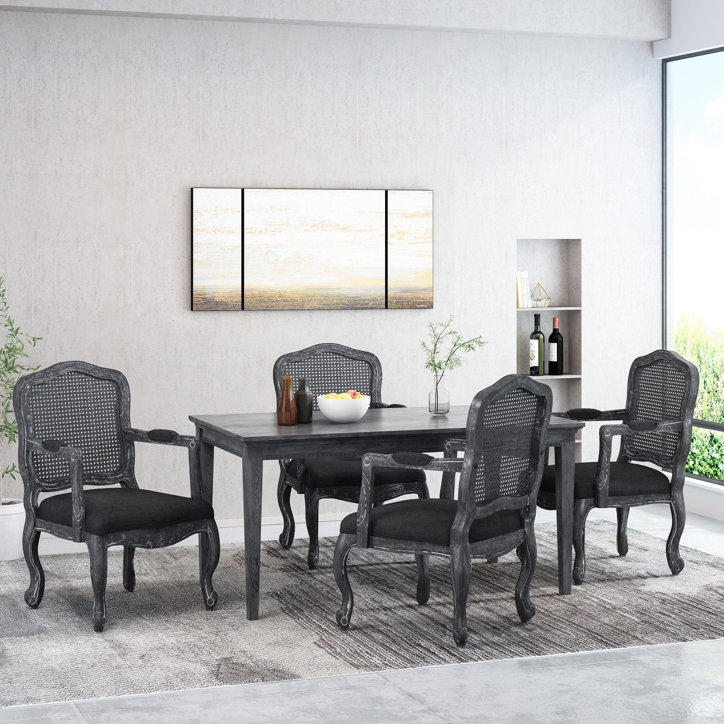 French Country Wood and Cane Upholstered Dining Armchair - NH542513