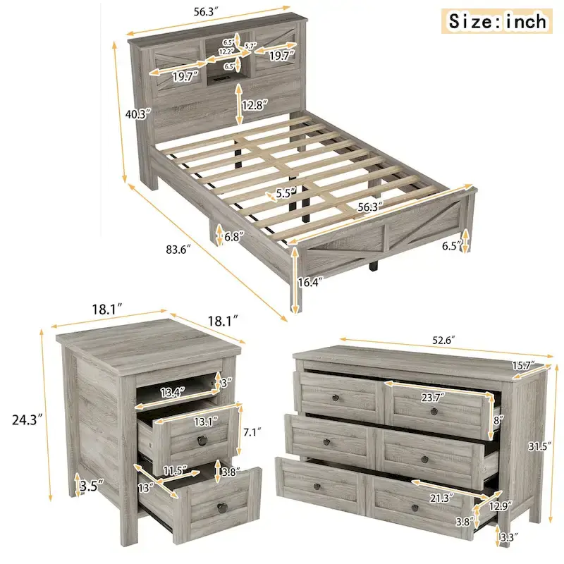 3-Pieces Full Bedroom Sets with Nightstand and Dresser