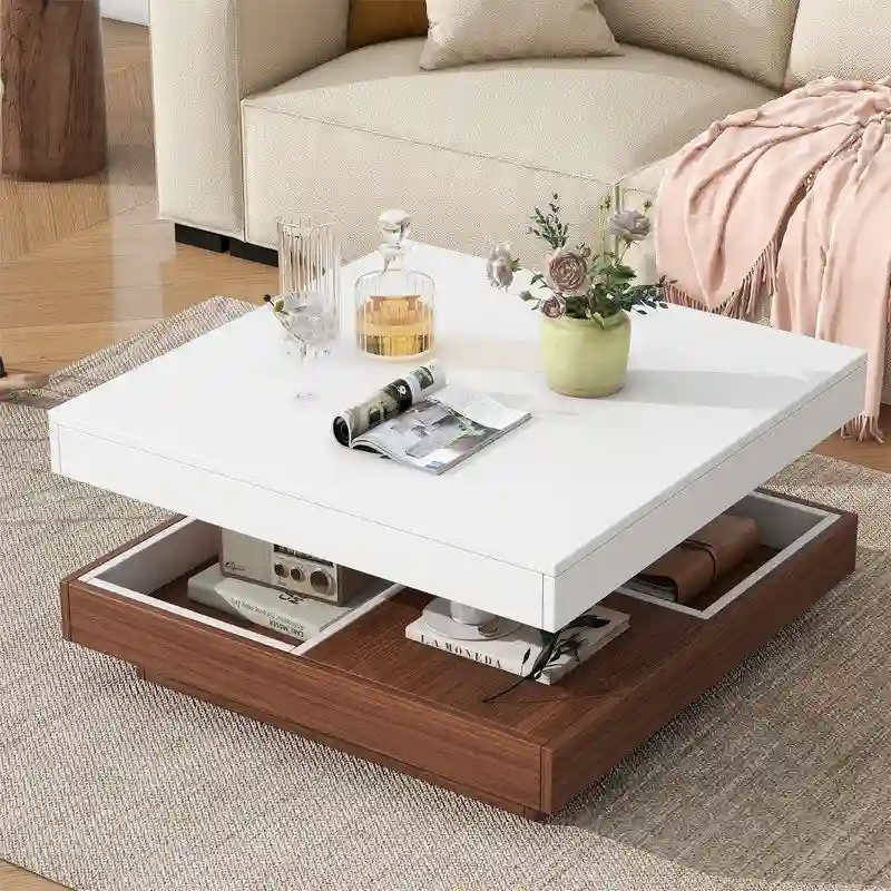 Modern Square 360 Rotating Coffee Table with 3 Detachable Tray, 2-Tier Center Table Cocktail Table with Storage for Living Room