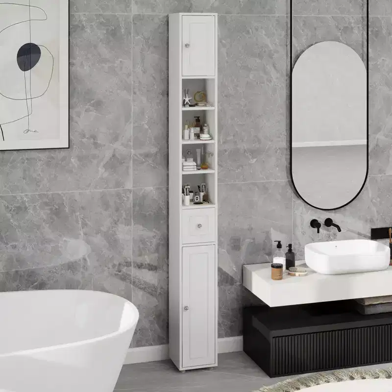 GDFStudio Fayette Tall Slim Bathroom Storage Cabinet with Drawer and Adjustable Shelves
