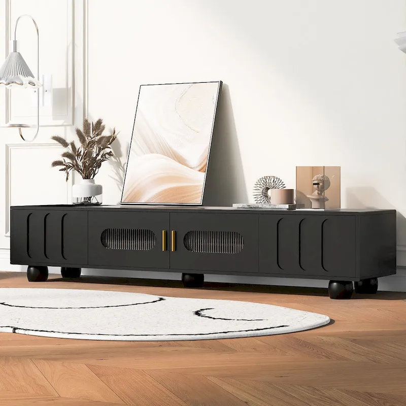 Modern Solid Wood Legs TV Stand with 4 Storage Shelf and 2 Storage Doors for Living Room Entertainment