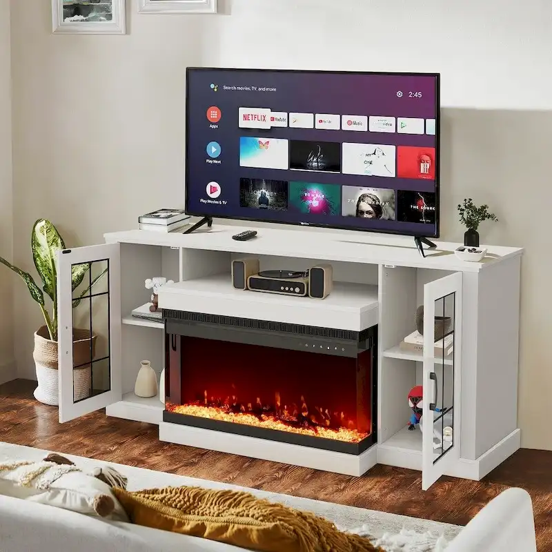 Erommy Entertainment Center with Adjustable Glass Shelves and Built-in Electric Fireplace - 70