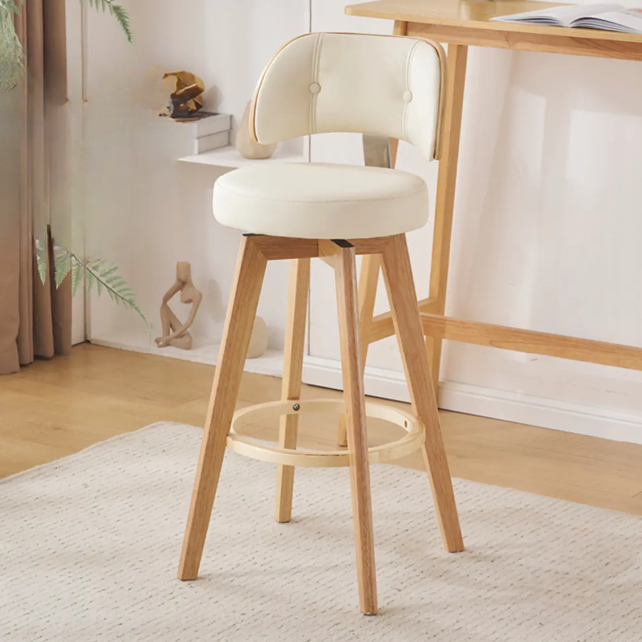 Natural Wood Round Leather Swivel Bar Stools