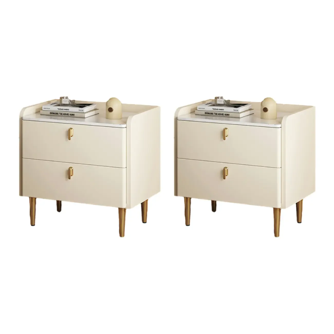 Modern Leather Stone Top Gold Accents 2-Drawer Nightstand