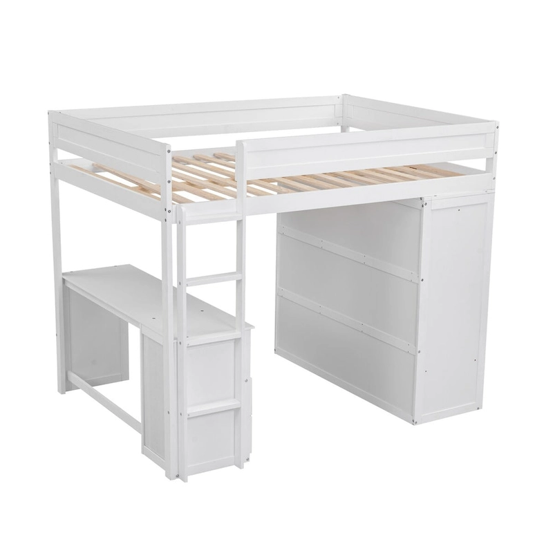 White Pine Wood Loft Bed with Wardrobes, 2-Drawer Desk, and Cabinet, Full-Length Guardrail