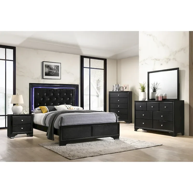 4-Piece Black LED Fabric Tufted Panel Bedroom Furniture Set
