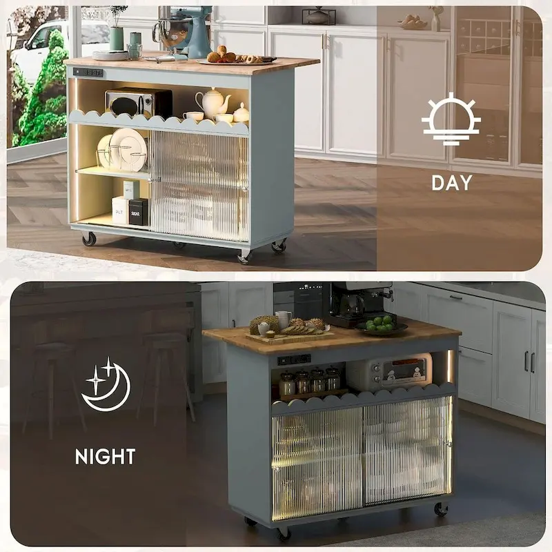 Multi-Functional Kitchen Island Cart with Drop Leaf, LED Light, and Power Outlets