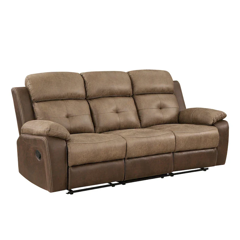 Emma 84 Inch Double Manual Recliner Sofa, Soft Brown Microfiber, Solid Wood